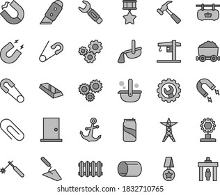 Thin line gray tint vector icon set - clip vector, safety pin, open, crane, trowel, ntrance door, gear, knife, new radiator, hammer with claw, anchor, soda can, power line, magnet, horseshoe, pipe
