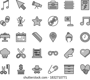 Thin line gray tint vector icon set - heart symbol vector, scissors, calendar, clock face, spectacles, hat with glasses, remove label, storage unit, open pin, accessories for a hairstyle, comb, star