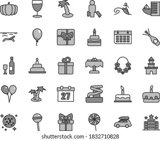 Thin line gray tint vector icon set - daily calendar vector, colored air balloons, balloon, cake, birthday, gift, torte, Chupa Chups, lollipop, glass, pumpkin, wall, giftbox, sand castle, wine