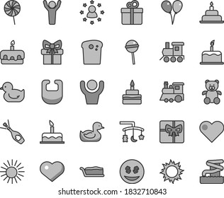 Thin line gray tint vector icon set - heart symbol vector, toys over the cradle, bib, rubber duck, baby duckling, teddy bear, toy train, children's, colored air balloons, cake, birthday, gift, slice
