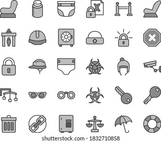 Thin line gray tint vector icon set - mark of injury vector, spectacles, scales, toys over the cot, diaper, nappy, powder, Baby chair, car child seat, winter hat, warm, construction helmet, dust bin