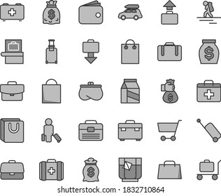 Thin line gray tint vector icon set - paper bag vector, first aid kit, of a paramedic, medical, portfolio, suitcase, with handles, package, glass tea, cart, briefcase, wallet, purse, money, dollars