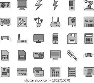 Thin line gray tint vector icon set - lightning vector, floppy disk, monitor, window, bank card, calculator, rss feed, electronic thermometer e, screen, cards, assembly robot, SIM, engineer, tower