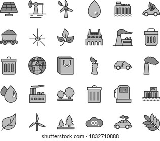 Thin line gray tint vector icon set - bin vector, dust, drop, bag with handles, apple stub, solar panel, working oil derrick, leaves, leaf, gas station, windmill, wind energy, manufacture, factory