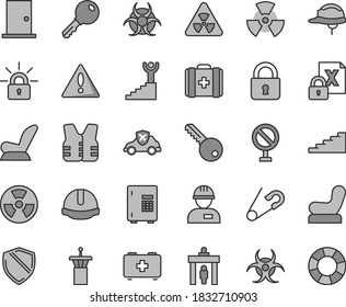 Thin line gray tint vector icon set - warning vector, prohibition, Baby chair, car child seat, open pin, bag of a paramedic, medical, workman, key, ntrance door, construction helmet, lock, autopilot