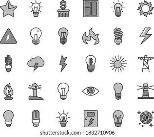 Thin Line Gray Tint Vector Icon Set - Lightning Vector, Matte Light Bulb, Incandescent Lamp, Window, Saving, Dangers, Star, Eye, Storm Cloud, Power Pole, Energy, Mercury, Lighthouse, Coastal, Flame