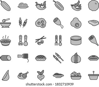 Thin line gray tint vector icon set - deep plate with a spoon vector, plastic fork spoons, iron, sausage, canned goods, fried vegetables on sticks, onion, slices of, noodles, pie, apple, lettuce