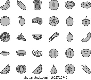 Thin line gray tint vector icon set - stationery knife vector, cheese, piece of pizza, slices onion, bacon, meat, cucumber, orange slice, sandwich, plum, water melon, delicious, half peach, cherry