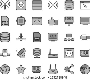 Thin line gray tint vector icon set - power socket type b vector, f, star, thumb up, screen, big data, server, satellite dish, SIM card, connections, scheme, hierarchical, cpu, pc, router, network