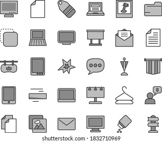 Thin line gray tint vector icon set - laptop vector, monitor, window, clean sheet of paper, scribbled, folder, minus, baby powder, envelope, received letter, picture, hanger, label, copy, speech