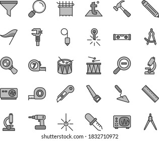 Thin line gray tint vector icon set - graphite pencil vector, yardstick, zoom out, wind direction indicator, drumroll, drum, building trowel, cordless drill, arm saw, measuring tape, long meashuring