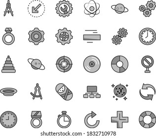Thin line gray tint vector icon set - prohibition vector, clock face, renewal, plus, minus, clockwise, stacking toy, tumbler, cogwheel, gear, left bottom arrow, timer, CD, plate, Measuring compasses
