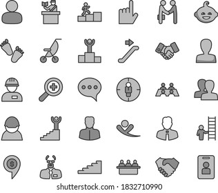 Thin line gray tint vector icon set - zoom vector, woman, women, summer stroller, funny hairdo, children's tracks, workman, employee, index finger, speech, racer, court hearing, man, goal, handclasp