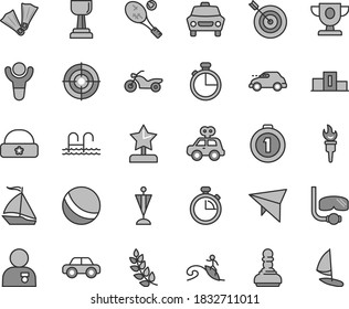 Thin line gray tint vector icon set - stopwatch vector, bath ball, motor vehicle, present, warm hat, timer, car, retro, flame torch, winner, laurel branch, pedestal, prize, gold cup, pawn, pennant