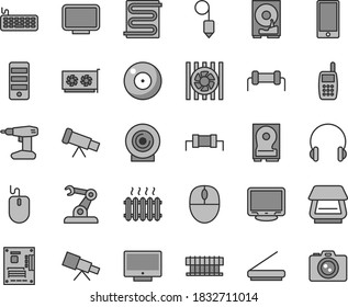 Thin line gray tint vector icon set - camera vector, drill, plummet, heating coil, headphones, screen, smartphone, lens, assembly robot, cast iron radiator, mobile phone, fan, mouse, keyboard, hdd