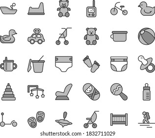 Thin line gray tint vector icon set - baby cot vector, toys over the, dummy, mug for feeding, bottle, diaper, nappy, beanbag, car child seat, summer stroller, sitting, rubber duck, duckling, tumbler