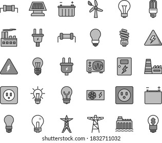 Thin line gray tint vector icon set - danger of electricity vector, matte light bulb, incandescent lamp, saving, power socket type b, dangers, wind energy, accumulator, battery, hydroelectricity