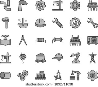 Thin line gray tint vector icon set - crane vector, tower, hook, cogwheel, construction helmet, gear, valve, water pipes, manufacture, hydroelectric station, power line, industrial factory, pipe