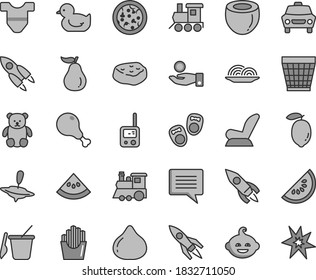 Thin line gray tint vector icon set - image of thought vector, wicker pot, Child T shirt, car seat, baby duckling, toy phone, children's sand set, small teddy bear, funny hairdo, train, yule, pizza