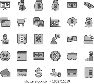 Thin line gray tint vector icon set - bank card vector, purse, graph, strongbox, cards, coins, shopping cart, reverse side of a, denomination the dollar, financial item, catch coin, money, dollars