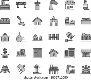 Thin line gray tint vector icon set - box of bricks vector, house, big core, building trowel, concrete mixer, window, wooden paint brush, ladder, buildings, ceramic tiles, brick, block, spatula