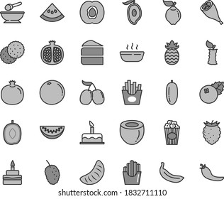 Thin line gray tint vector icon set - deep plate with a spoon vector, cake, piece of, birthday, hot porridge, grill chicken leg, French fries, fried potato slices, cup popcorn, blueberries, biscuit