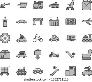 Thin line gray tint vector icon set - truck lorry vector, cargo trolley, Baby chair, summer stroller, motor vehicle, traffic signal, cardboard box, modern gas station, battery, conveyor, canister