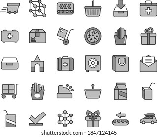 Thin line gray tint vector icon set - cargo trolley vector, grocery basket, first aid kit, bag of a paramedic, medical, e, packing juice with straw, box bricks, received letter, put in, drawer, gift