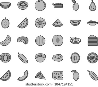 Thin line gray tint vector icon set - piece of cheese vector, pizza, slices onion, cake, slice, bacon, meat, cucumber, orange, water melon, delicious plum, half peach, tangerine, lemon, kiwi, tomato