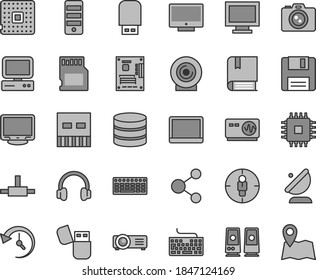 Thin line gray tint vector icon set - monitor window vector, keyboard, e, screen, lens, processor, satellite antenna, connection, goal woman, computer, notebook pc, tower, motherboard, cpu, usb, map