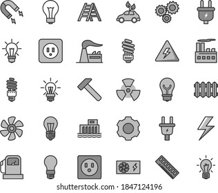 Thin line gray tint vector icon set - lightning vector, danger of electricity, matte light bulb, ladder, saving, power socket type b, new radiator, hammer, marine propeller, gas station, factory