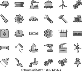 Thin line gray tint vector icon set - gears vector, cogwheel, building trowel, cordless drill, hand saw, construction level, helmet, putty knife, hammer, windmill, wind energy, factory, industrial