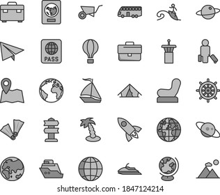 Thin line gray tint vector icon set - sign of the planet vector, briefcase, paper airplane, Baby chair, building trolley, suitcase, earth, passport, globe, saturn, rocket, bus, sail boat, passenger