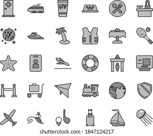 Thin line gray tint vector icon set - earth vector, plane, train, sail boat, taxi, hang glider, rope barrier, security gate, rolling suitcase, arrival, atm, uv cream, palm tree, disco ball, cafe