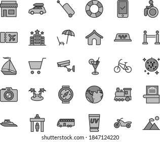 Thin line gray tint vector icon set - earth vector, train, car baggage, bus, sail boat, taxi, bike, motorcycle, rope barrier, security gate, scanner, plane ticket, phone registration, rolling case