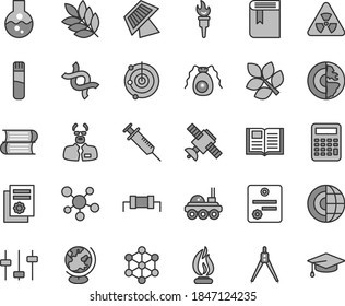 Thin line gray tint vector icon set - book vector, books, scientific publication, flask, test tube, molecule, nuclear, dna, settings, satellite, bactery, globe, flame, scientist, calculator, radar