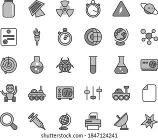 Thin line gray tint vector icon set - jar vector, printer, file, flask, test tube, molecule, electricity, nuclear, zoom, settings, biohazard, globe, oscilloscope, radar, earth core, robot, sun panel
