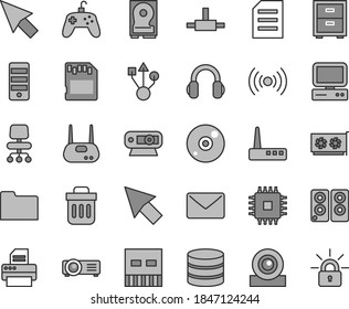 Thin line gray tint vector icon set - bedside table vector, computer, pc tower, cpu, gpu card, web camera, hdd, usb, router, cd, printer, headphones, speaker, folder, connect, trash bin, wireless