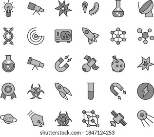 Thin line gray tint vector icon set - round flask vector, magnet, satellite dish, test tube, telescope, molecule, dna, bulb, bactery, biohazard, oscilloscope, radar, medal, saturn, rocket, 3d cube