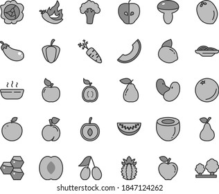 Thin line gray tint vector icon set - slices of onion vector, mushroom, hot porridge, pear, orange, honeycombs, peach, squash, apricot, red apple, tasty, cornels, slice melon, half, water, cherry