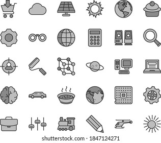 Thin line gray tint vector icon set - laptop vector, new roller, earth, suitcase, put in cart, muffin, porridge a saucepan, solar panel, gear, processor, man sight, pencil, calculator, computer, sun