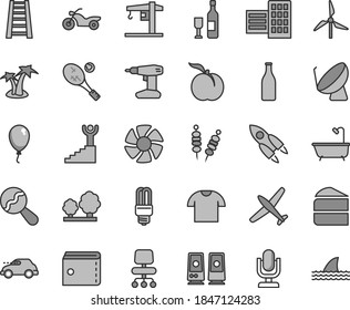Thin line gray tint vector icon set - desktop microphone vector, purse, beanbag, balloon, crane, drill, stepladder, bath, city block, T shirt, fried vegetables on sticks, piece of cake, ripe peach