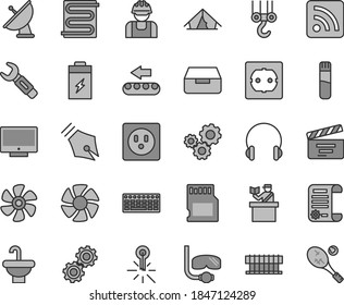 Thin line gray tint vector icon set - rss feed vector, movie cracker, winch hook, washbasin, power socket type f, heating coil, headphones, screen, drawer, marine propeller, charging battery, gears