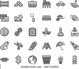 Thin line gray tint vector icon set - sign of the planet vector, wicker pot, add label, question, baby cot, motor vehicle, yule, garden trolley, ladder, brick, plummet, knife, umbrella, put in a box