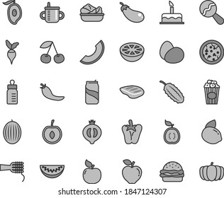 Thin line gray tint vector icon set - mug for feeding vector, bottle, beanbag, cake, eggs, pizza, burger, noodles, lettuce in a plate, chop, peper, cup of popcorn, soda can, cherry, apricot, melon