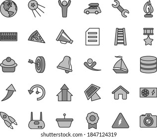 Thin line gray tint vector icon set - bell vector, horn, house, stepladder, piece of pizza, muffin, pan, keyboard, pc power supply, router, big data, repair, history, file, electricity, flame, medal
