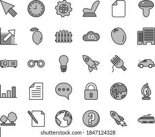 Thin line gray tint vector icon set - sign of the planet vector, scribbled paper, growth chart, question, car child seat, buildings, hedge, lock, speech, notes, spaghetti, mushroom, lemon, coconut