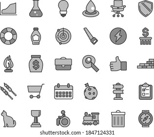 Thin line gray tint vector icon set - bin vector, brick wall, arm saw, bulb, survey, barbecue, bottle, drop of oil, cart, portfolio, money, calendar, chair, flask, flame, artifical insimination