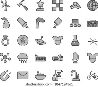 Thin line gray tint vector icon set - keyboard vector, baby powder, t short, Child shirt, rainy cloud, yule, tile, kitchen faucet, hammer with claw, envelope, microphone, a bowl of rice porridge