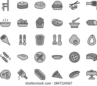 Thin line gray tint vector icon set - plates and spoons vector, a chair for feeding, plastic fork, iron, sausage, stick of, cheese, pizza, piece, Hot Dog, mini, burger, spaghetti, noodles, porridge